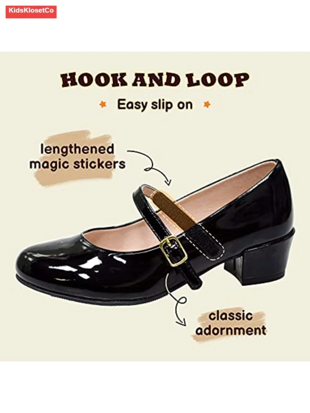 Kids Girls Mary Jane Dress Shoes Low Heel Flats Hook Loop Closure Non-Slip